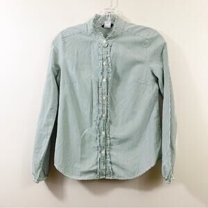 J Crew Button Down Striped Ruffle Green/White Long Sleeve Top